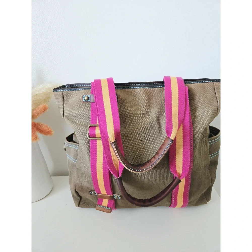 VTG 90s GAP 1969 Canvas‎ Brown Leather Y2K Tote Carry All Bag Handbag Shopper